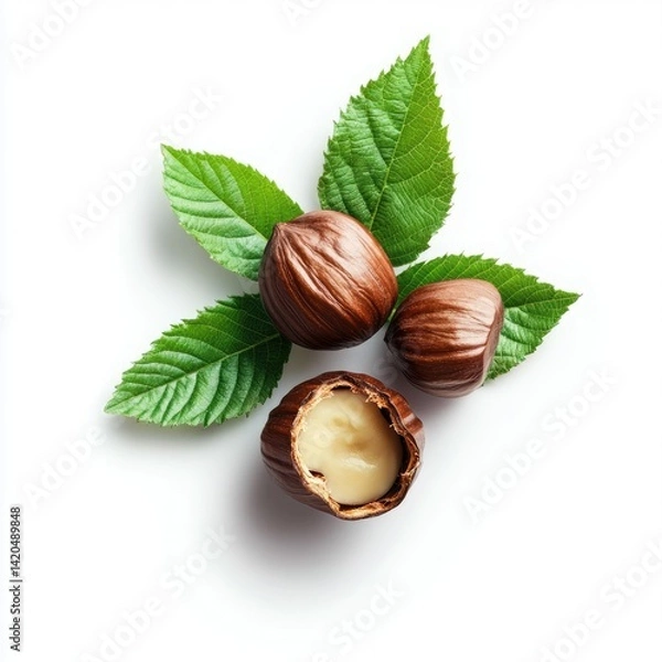 Obraz Three hazelnuts with green leaves on a white surface in a close up shot