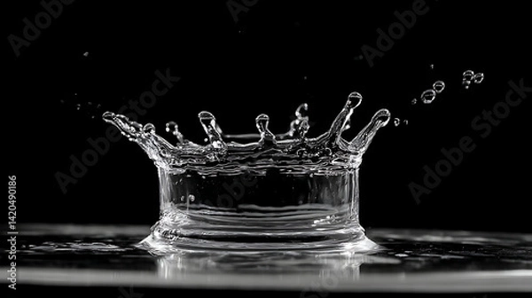 Fototapeta single water droplet creates stunning splash, forming crown shape with droplets flying outward, showcasing beauty of liquid motion against dark background