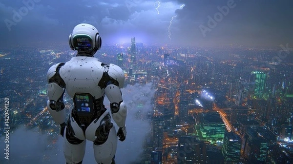 Obraz White Robot Overlooking a Night Cityscape