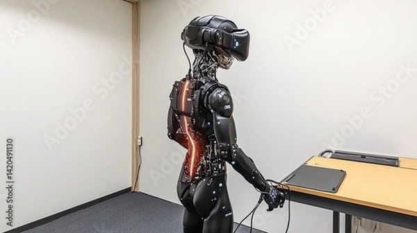 Obraz Black Humanoid Robot in Vr Headset with Glowing Spine in a Minimalist Room