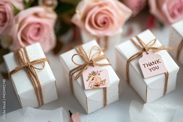 Fototapeta Small white favor boxes with simple twine bows and pink thank you tags sit against a backdrop of delicate blush roses for a rustic-chic celebration.