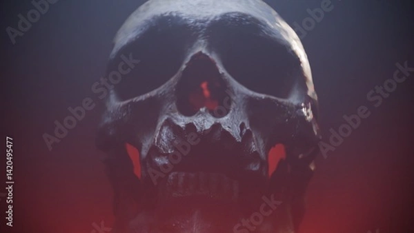 Fototapeta red-illuminated skull, with dynamic light and shadow movement creating a frightening and dramatic horror atmosphere.