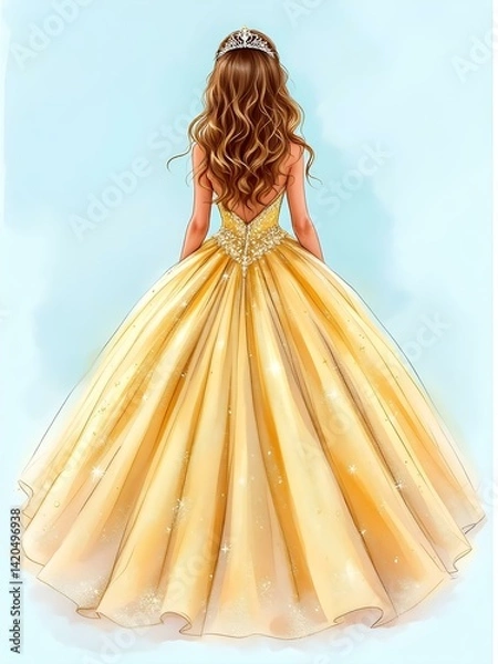 Obraz A princess in a yellow ballgown with golden tiara, back view illustration.