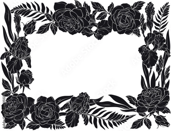 Obraz A l Black silhouette vector illustration of a floral frame made of roses, irises, and leaves, elegantly arranged around a white background