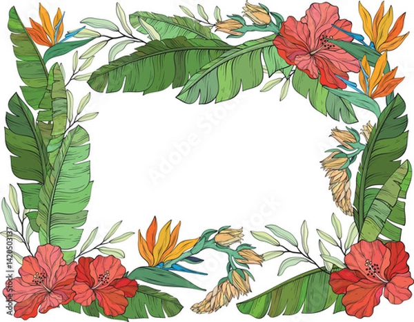 Obraz A vector illustration of a tropical floral frame featuring hibiscus flowers, bird of paradise blossoms, and lush green banana leaves on a white background