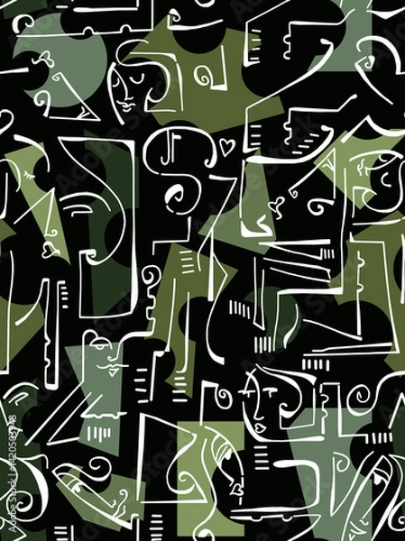 Obraz Abstract drawing of women's faces with white lines on a colored background.Seamless pattern.