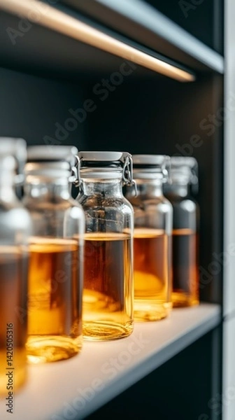 Obraz Row of Clear Bottles with Cold Brew Green Tea in Modern Office Fridge  
