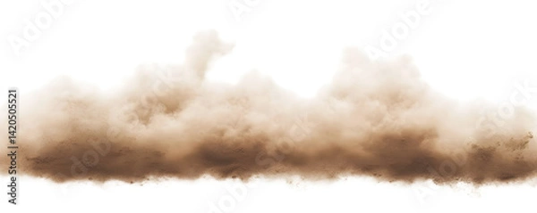 Fototapeta Dust sand soil smoke cloud particles isolated on transparent white background. Brown sandstorm smog sand dust explosion rising. Design elements for Compositing, covering, overlay, PNG