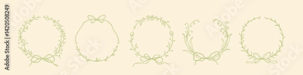 Fototapeta Hand drawn sketch spring floral borders collection. Laurel, lily of the valley, olive, grass, summer flowers filigree victorian style borders. Coquette whimsical girly frames with ribbon bows