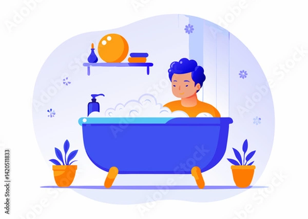 Fototapeta A person taking a relaxing bath image. Cartoon style. Vector illustration.