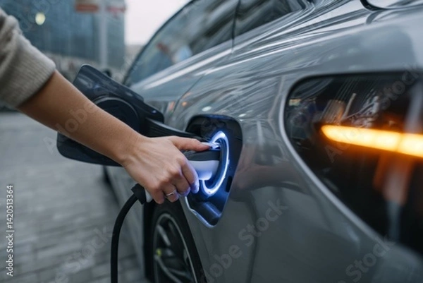 Fototapeta Electric car charging close-up with illuminated plug connection and hand gripping the charger near a building.