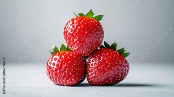 Fototapeta Three ripe strawberries stacked on top of each other, close-up view on a light grey background, and fresh and vibrant red fruit composition.