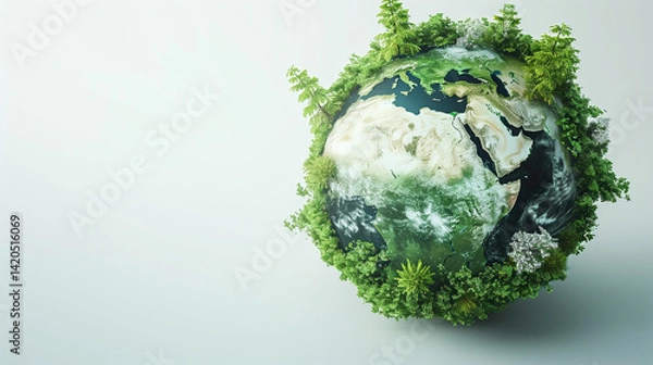Fototapeta Realistic Earth Globe Surrounded by Greenery on a Light Background  