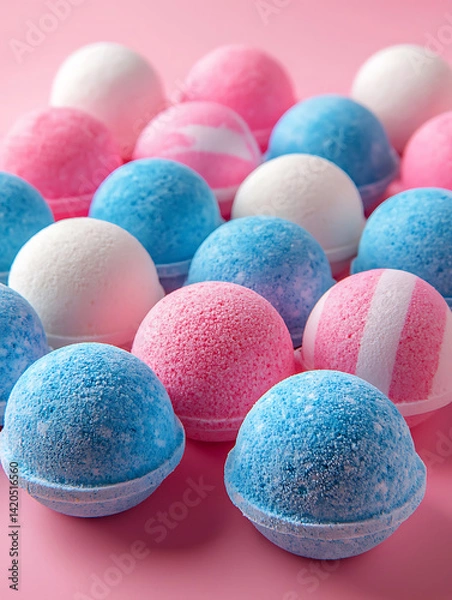 Fototapeta A collection of colorful round bath bombs in pastel shades of pink blue and white arranged closely on a light pink surface.