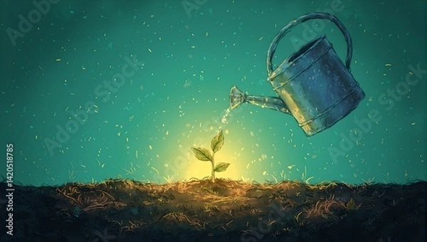 Fototapeta Conceptual image of a glowing watering can nurturing a sprout in dark soil symbolizing growth and enlightenment