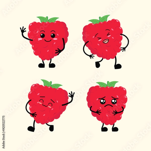 Fototapeta Fruit Cute Cartoon Rashberry with Different Emotions