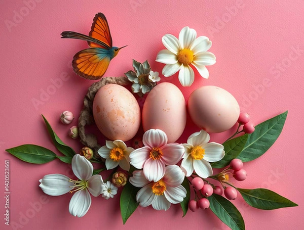 Fototapeta Easter eggs and flowers arranged on a textured pink background.