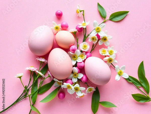 Fototapeta Easter eggs and flowers arranged on a textured pink background.