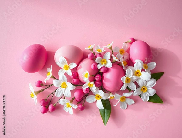 Fototapeta Easter eggs and flowers arranged on a textured pink background.