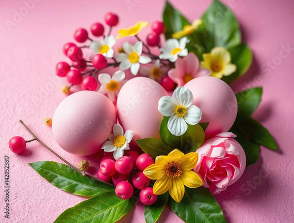 Fototapeta Easter eggs and flowers arranged on a textured pink background.