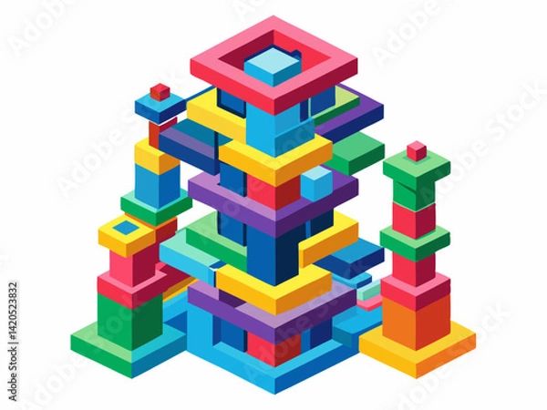 Fototapeta A high-quality vector illustration of colorful interlocking building blocks arranged in a tower, isolated on a white background