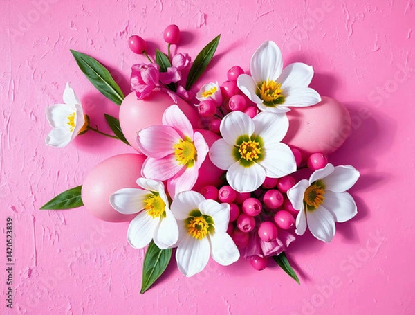 Fototapeta Easter eggs and flowers arranged on a textured pink background.