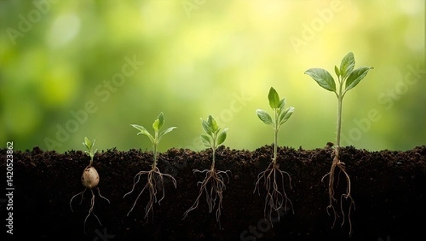 Fototapeta Vibrant time lapse sequence of a seed sprouting underground growing roots and shoots towards light symbolizing growth and success