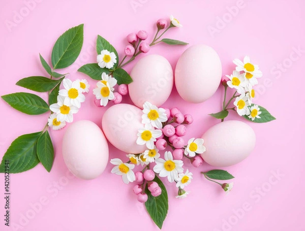 Fototapeta Easter eggs and flowers arranged on a textured pink background.