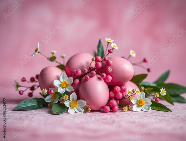 Fototapeta Easter eggs and flowers arranged on a textured pink background.