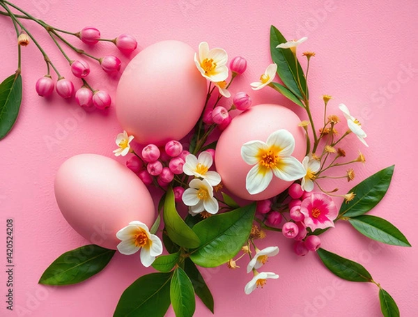 Fototapeta Easter eggs and flowers arranged on a textured pink background.