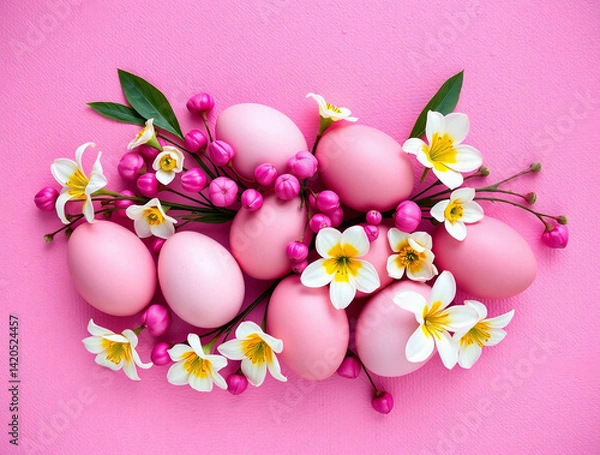 Fototapeta Easter eggs and flowers are arranged on a textured pink background.