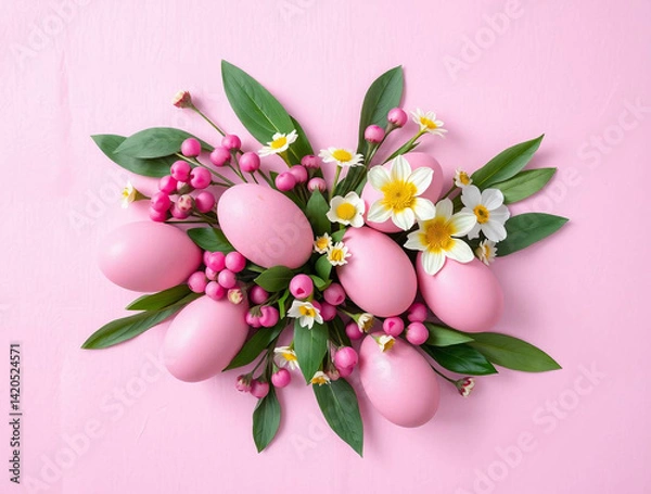 Fototapeta Easter eggs and flowers are arranged on a textured pink background.