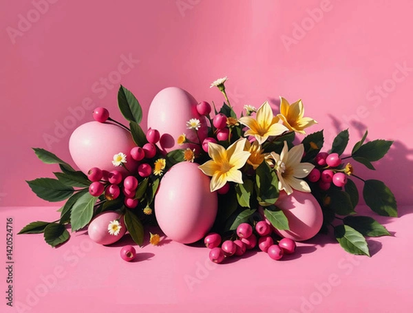 Fototapeta Easter eggs and flowers are arranged on a textured pink background.