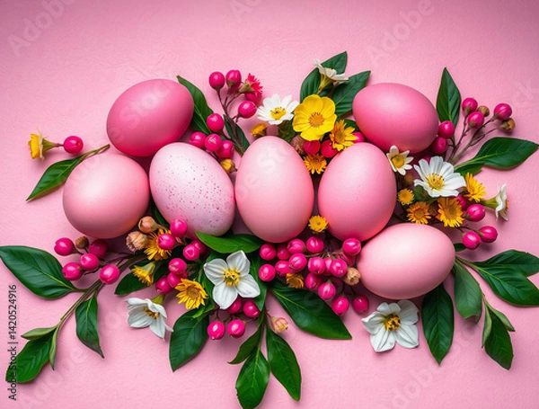 Fototapeta Easter eggs and flowers are arranged on a textured pink background.