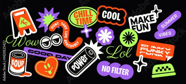 Fototapeta Futuristic y2k patches. Funky stickers with cool phrases, soda can, acid emoji and heart in vintage retro style. Hipster labels in 90s style. Flat vector illustration collection isolated on background