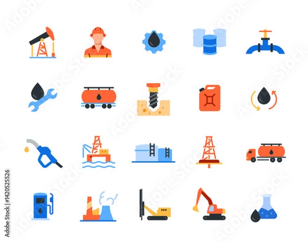 Fototapeta Oil production icon set. Colorful signs with oil, gas station, excavator, fuel barrel and gasoline storage tank. Design element for app. Flat vector illustration collection isolated on background