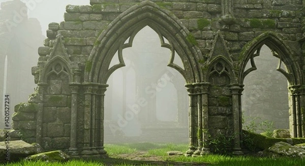 Obraz old building roman old stone bridge arch old gate ethereal allure and enchanting allure of mist in Wales encapsulates ancient landmarks, verdant landscapes, and eternal essence 