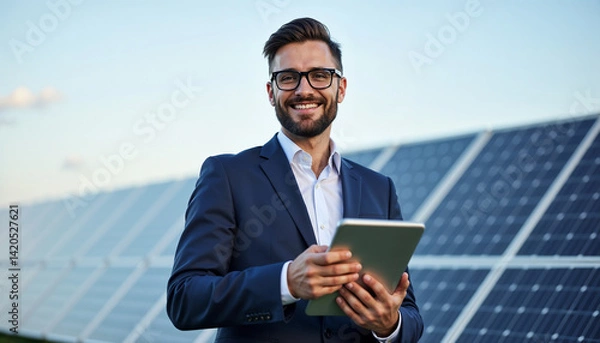 Obraz Professional businessman smiling confidently in a business suit holding a folder standing near solar panels outdoors.

