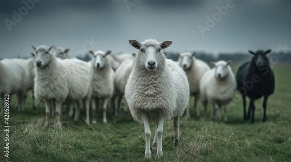 Fototapeta Black Sheep in a Flock of White Sheep