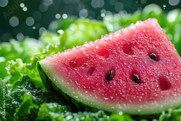 Obraz Delicious Organic Sliced Watermelon on a Bed of Lettuce, Juicy Spring Summer Fruit, Healthy Food and Snacks, Nutritional Marketing Background, Culinary Wallpaper