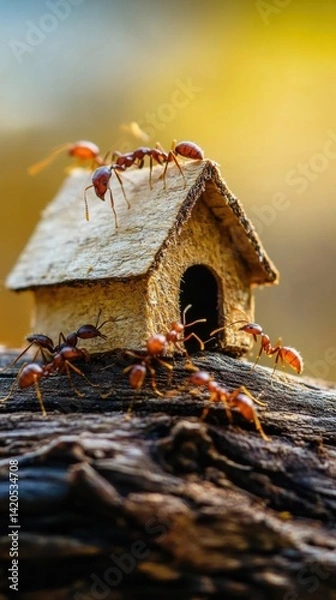Fototapeta Ants Constructing Tiny Wooden House on Rustic Log in Bright Sunlight
