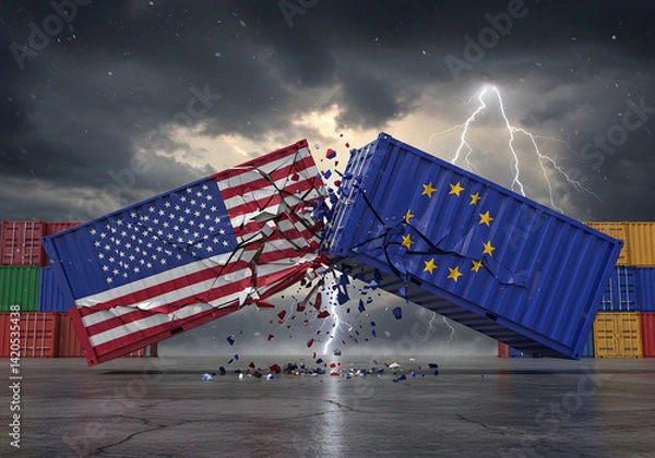 Fototapeta Trade War Concept US vs EU - Crashing Shipping Containers, American and European Flags, Global Economy, Stormy Sky.