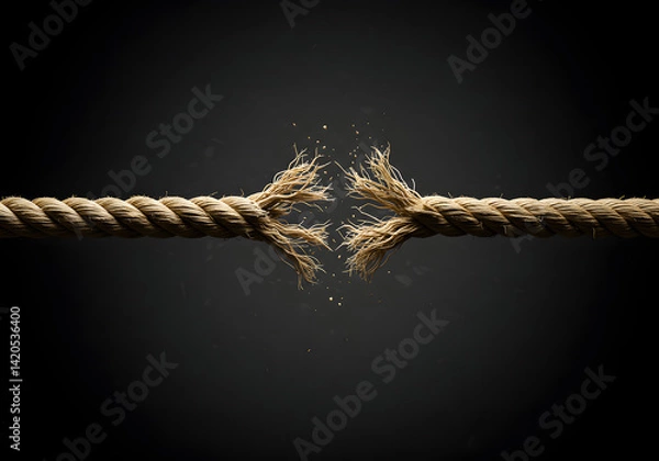 Fototapeta Close-up of a frayed and broken rope against a dark background, representing breakage, danger, and stress.