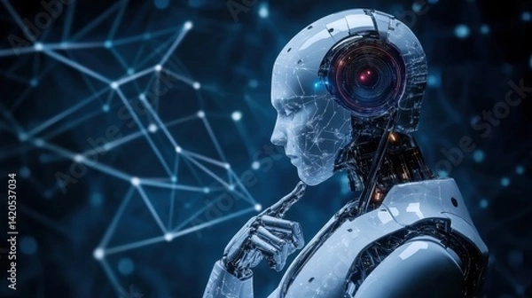 Fototapeta Pondering humanoid robot with intricate mechanical and technological features against a complex network backdrop