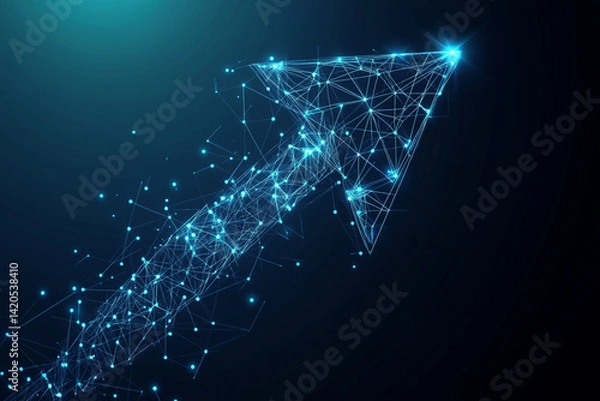 Fototapeta up arrow sign abstract low poly wireframe style. Abstract geometric background. Wireframe light structure. Modern 3d graphic concept on blue dark background