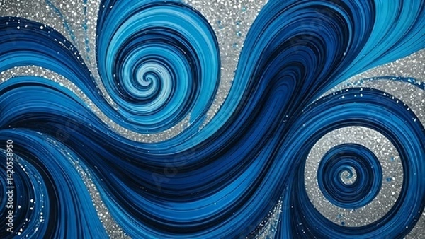 Fototapeta Abstract Blue Swirls with Silver Glitter Background Artistic Wave Design