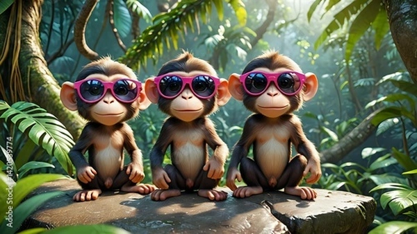 Fototapeta Three Cartoon Monkeys Wearing Sunglasses in a Lush Jungle Setting