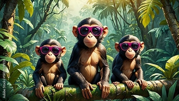 Fototapeta Three Monkeys Wearing Sunglasses Sitting on a Branch in the Jungle