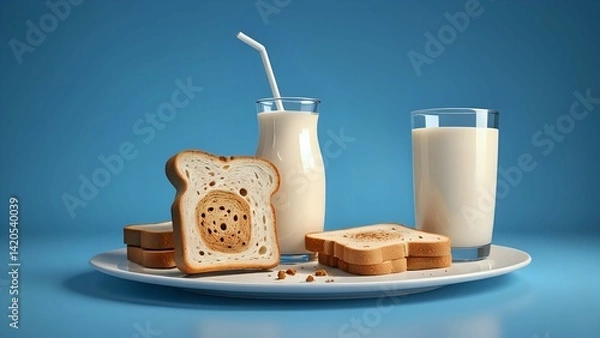 Fototapeta Toast and Milk Still Life on White Plate with Blue Backdrop