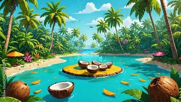 Fototapeta Tropical Beach with Coconuts and Palm Trees in Lagoon Paradise